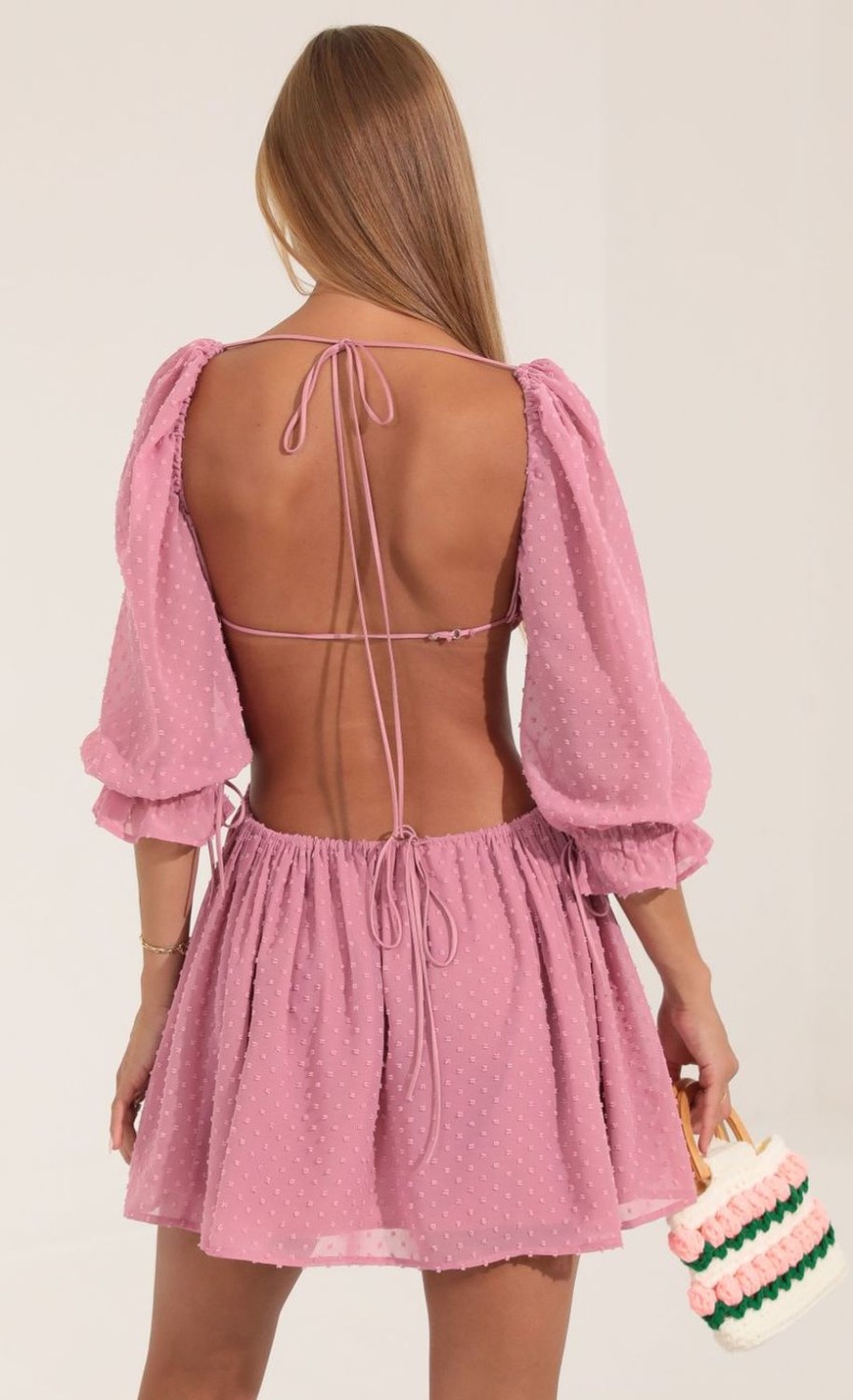 Clothing LUCY IN THE SKY | Tora Dotted Chiffon Open Back Dress In Pink | Lucy In The Sky