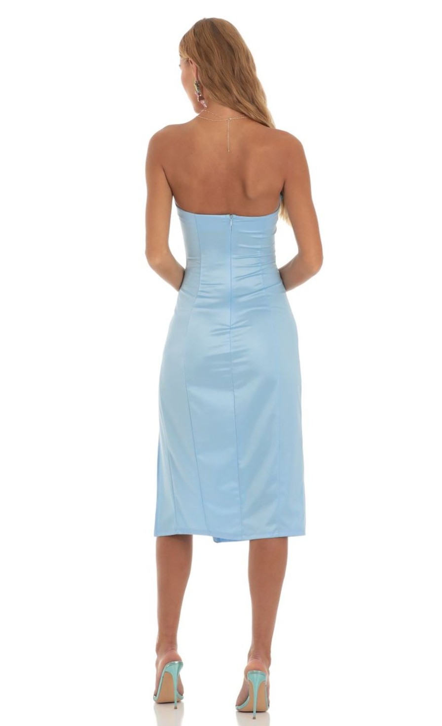 Clothing LUCY IN THE SKY | Annabel Satin Strapless Midi Dress In Blue | Lucy In The Sky