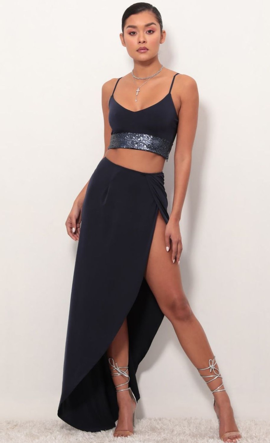 Clothing LUCY IN THE SKY | City Lights Sequin Maxi Set In Navy | Lucy In The Sky