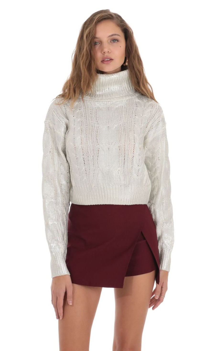 Clothing LUCY IN THE SKY | Silver Shimmer Turtleneck Jumper In White | Lucy In The Sky