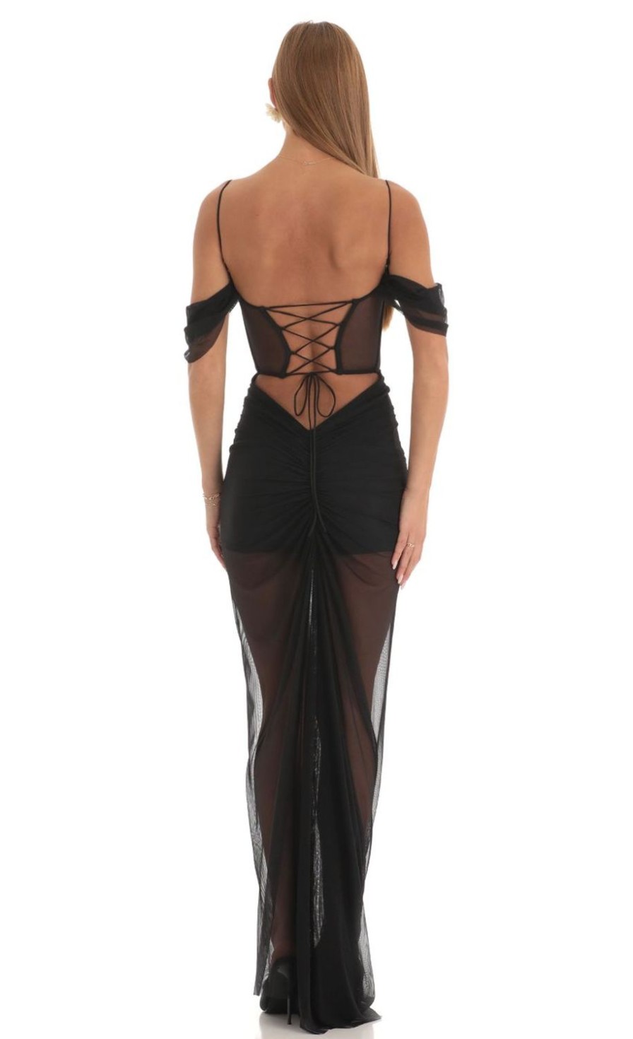 Clothing LUCY IN THE SKY | Spice Mesh Corset Maxi Dress In Black | Lucy In The Sky