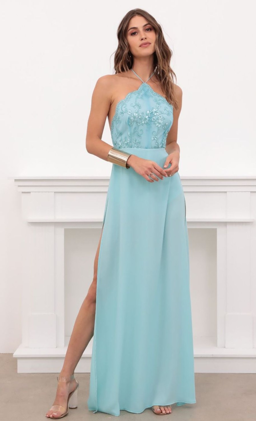 Clothing LUCY IN THE SKY | Coralynn Halter Lace Dress In Aqua | Lucy In The Sky