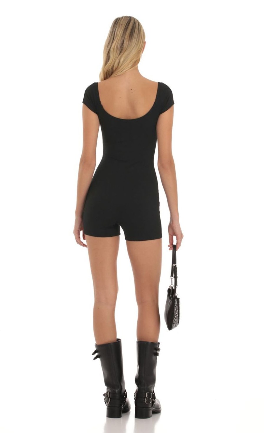 Clothing LUCY IN THE SKY | Aleena Ribbed Bodycon Romper In Black | Lucy In The Sky