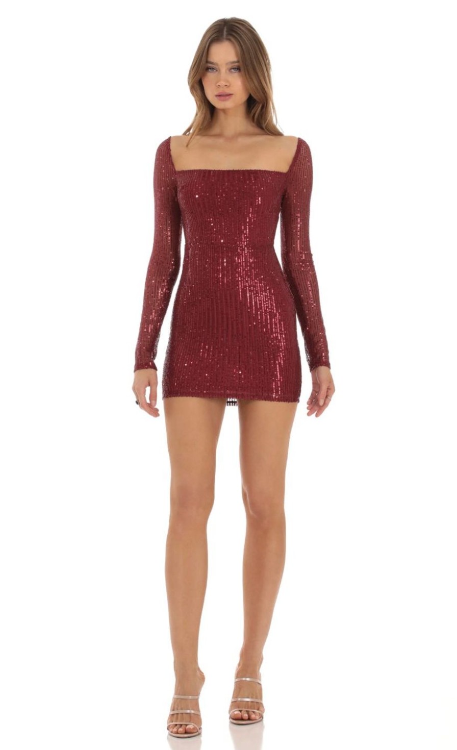 Clothing LUCY IN THE SKY | Emory Sequin Long Sleeve Bodycon Dress In Red | Lucy In The Sky