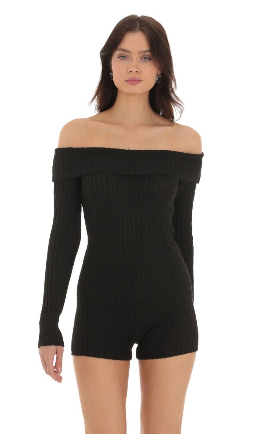 Clothing LUCY IN THE SKY | Off Shoulder Knit Romper In Black | Lucy In The Sky