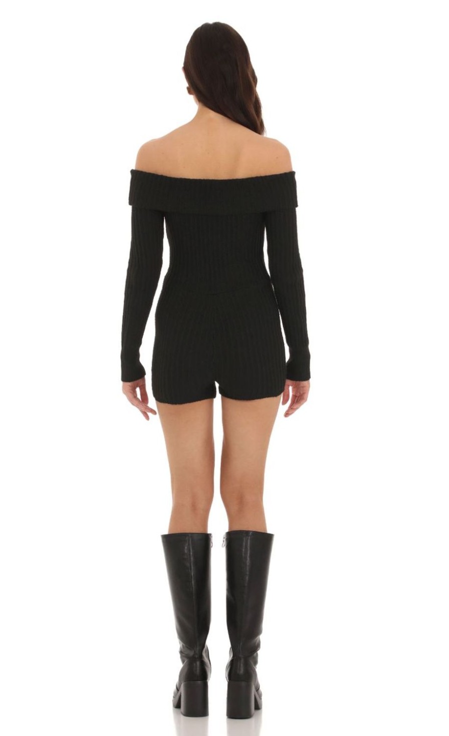 Clothing LUCY IN THE SKY | Off Shoulder Knit Romper In Black | Lucy In The Sky