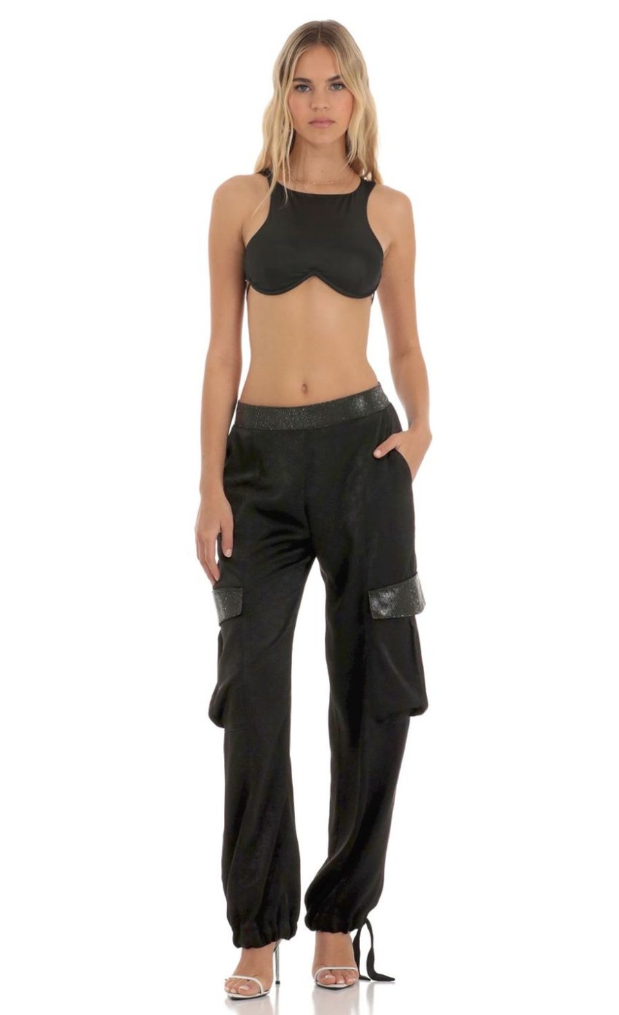 Clothing LUCY IN THE SKY | Nerine Rhinestone Satin Pants In Black | Lucy In The Sky