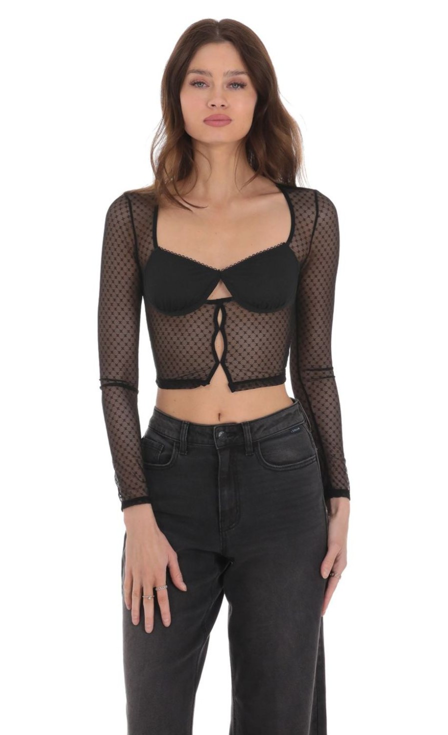 Clothing LUCY IN THE SKY | Mesh Pattern Top In Black | Lucy In The Sky