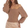 Clothing LUCY IN THE SKY | Mikayla Off Shoulder Knit Jumper In Brown | Lucy In The Sky