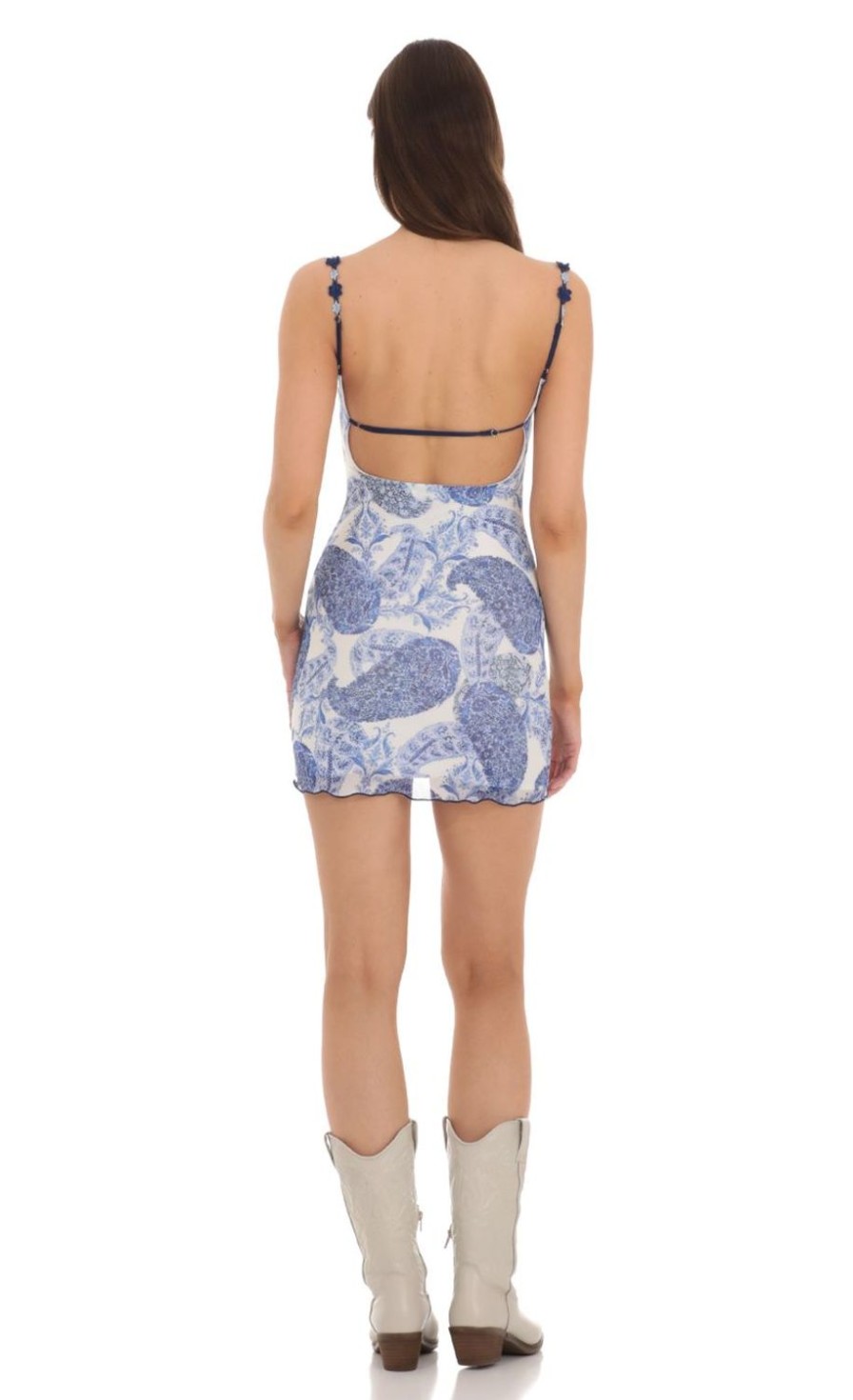 Clothing LUCY IN THE SKY | Mesh Floral Strap Paisley Dress In Blue And White | Lucy In The Sky