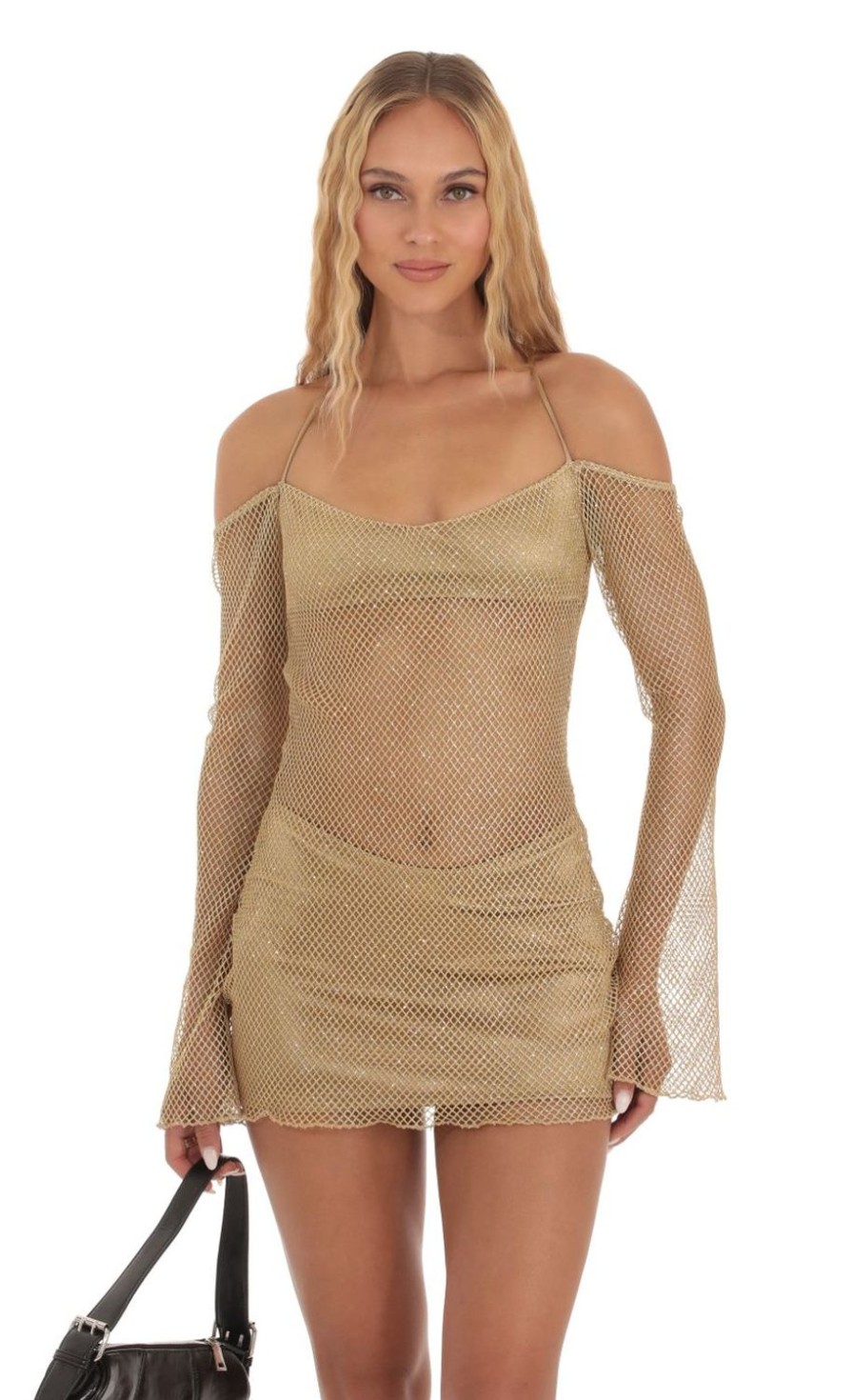 Clothing LUCY IN THE SKY | Tahlee Shimmer Fishnet Off Shoulder Dress In Gold | Lucy In The Sky