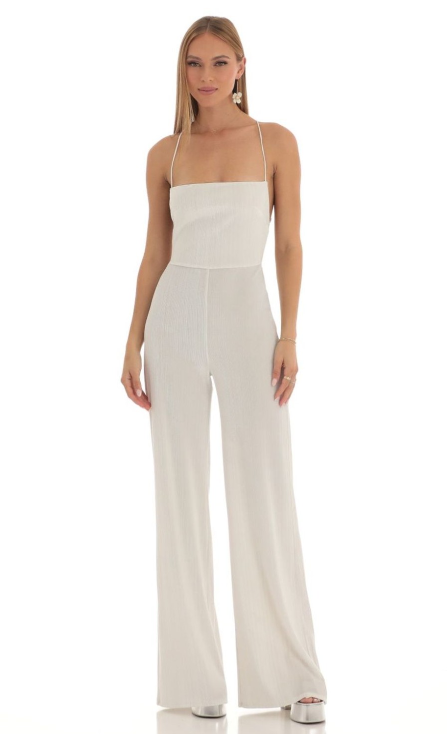 Clothing LUCY IN THE SKY | Harlin Striped Velvet Jumpsuit In White | Lucy In The Sky