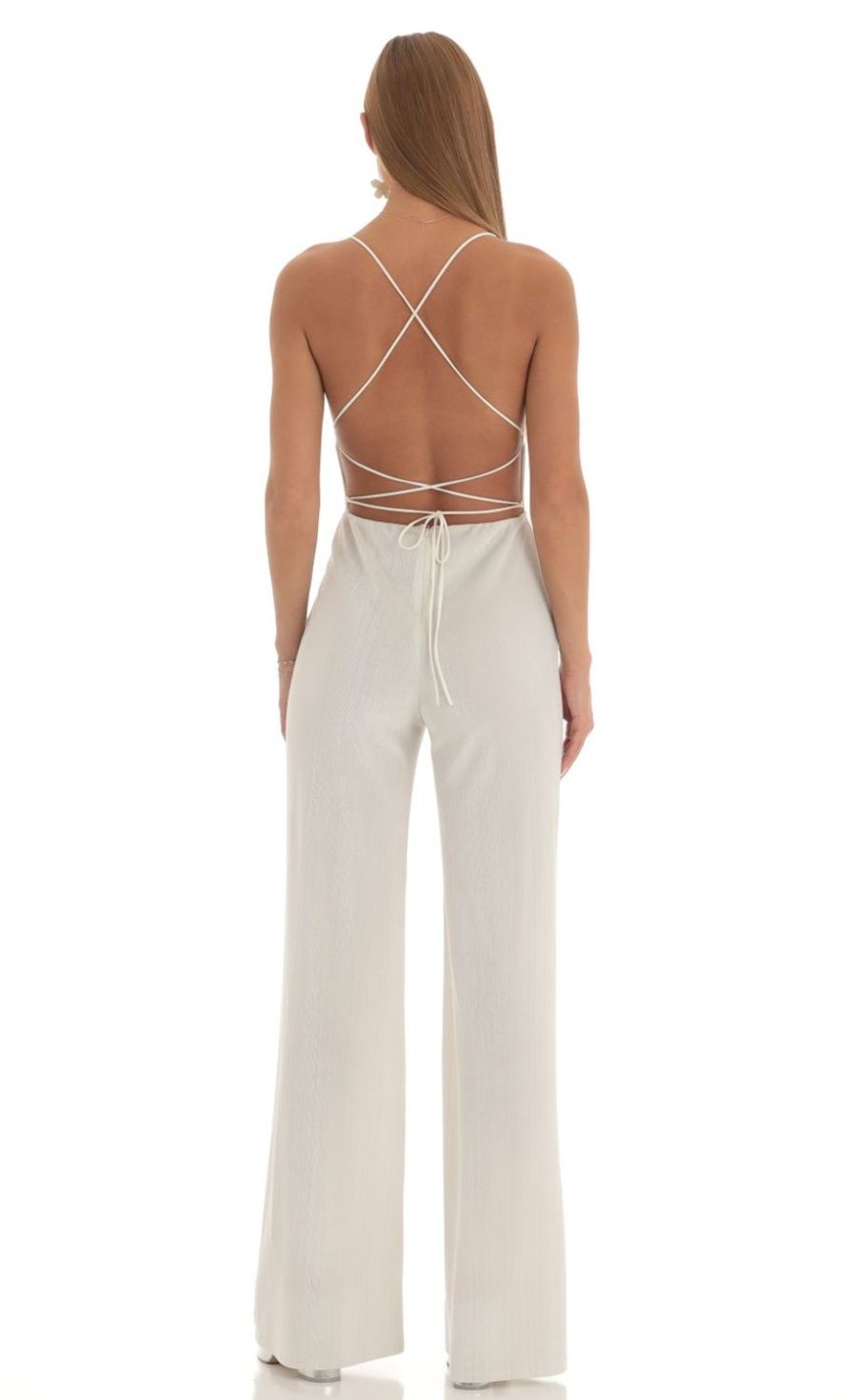 Clothing LUCY IN THE SKY | Harlin Striped Velvet Jumpsuit In White | Lucy In The Sky