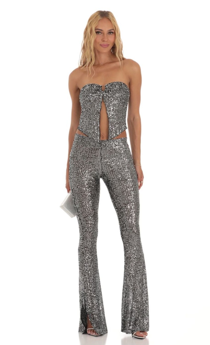 Clothing LUCY IN THE SKY | Amiya Silver Sequin Two Piece Set In Black | Lucy In The Sky