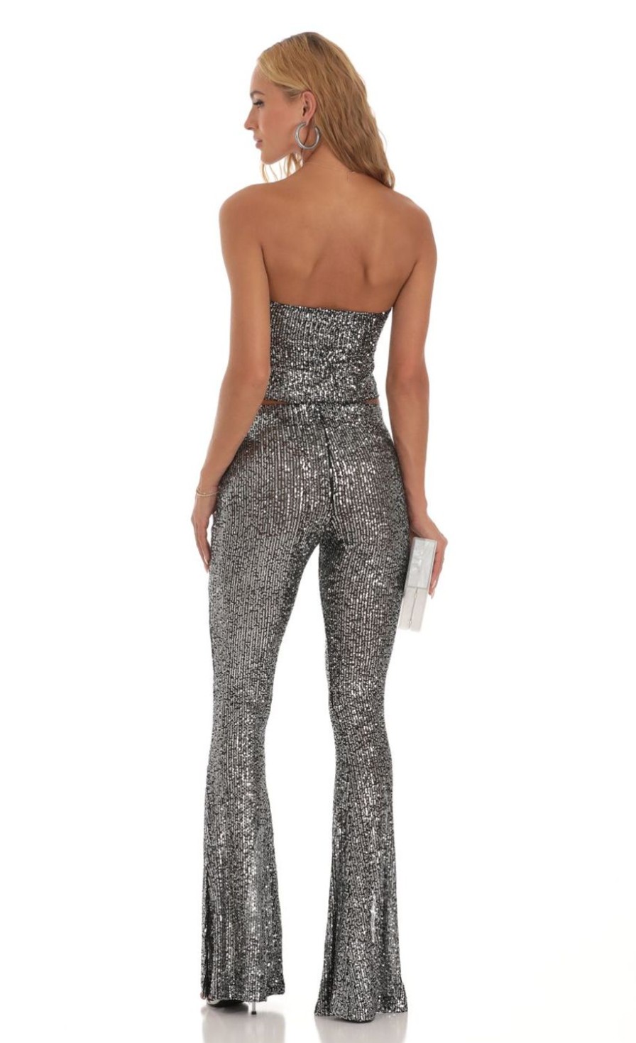 Clothing LUCY IN THE SKY | Amiya Silver Sequin Two Piece Set In Black | Lucy In The Sky