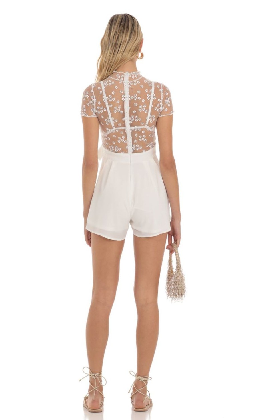 Clothing LUCY IN THE SKY | Etta Sheer Mesh Lace Romper In White | Lucy In The Sky