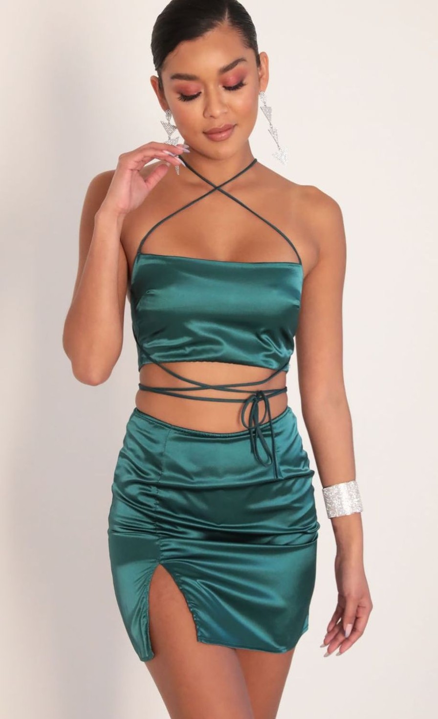 Clothing LUCY IN THE SKY | Leslie Satin Slit Set In Hunter Green | Lucy In The Sky