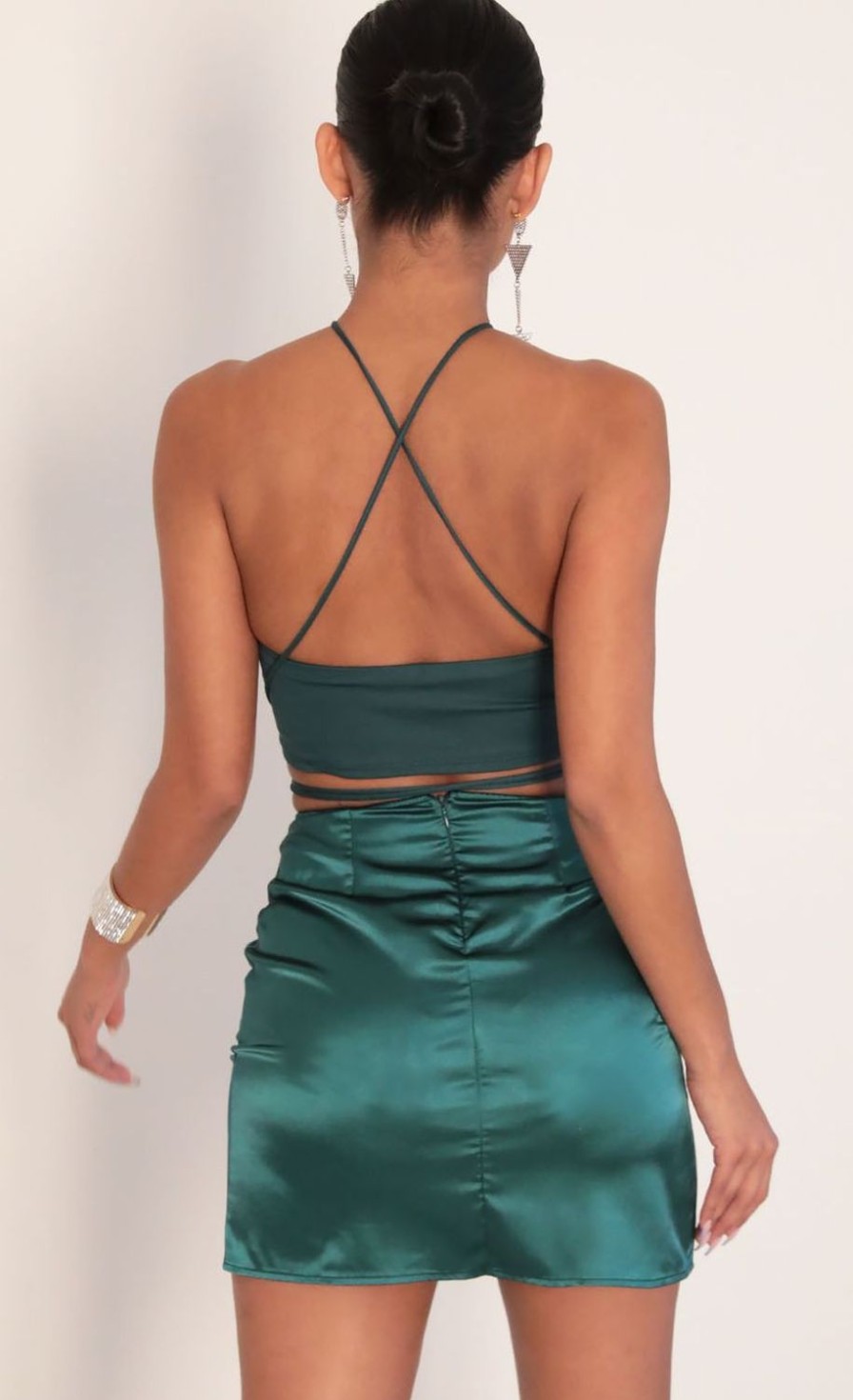 Clothing LUCY IN THE SKY | Leslie Satin Slit Set In Hunter Green | Lucy In The Sky