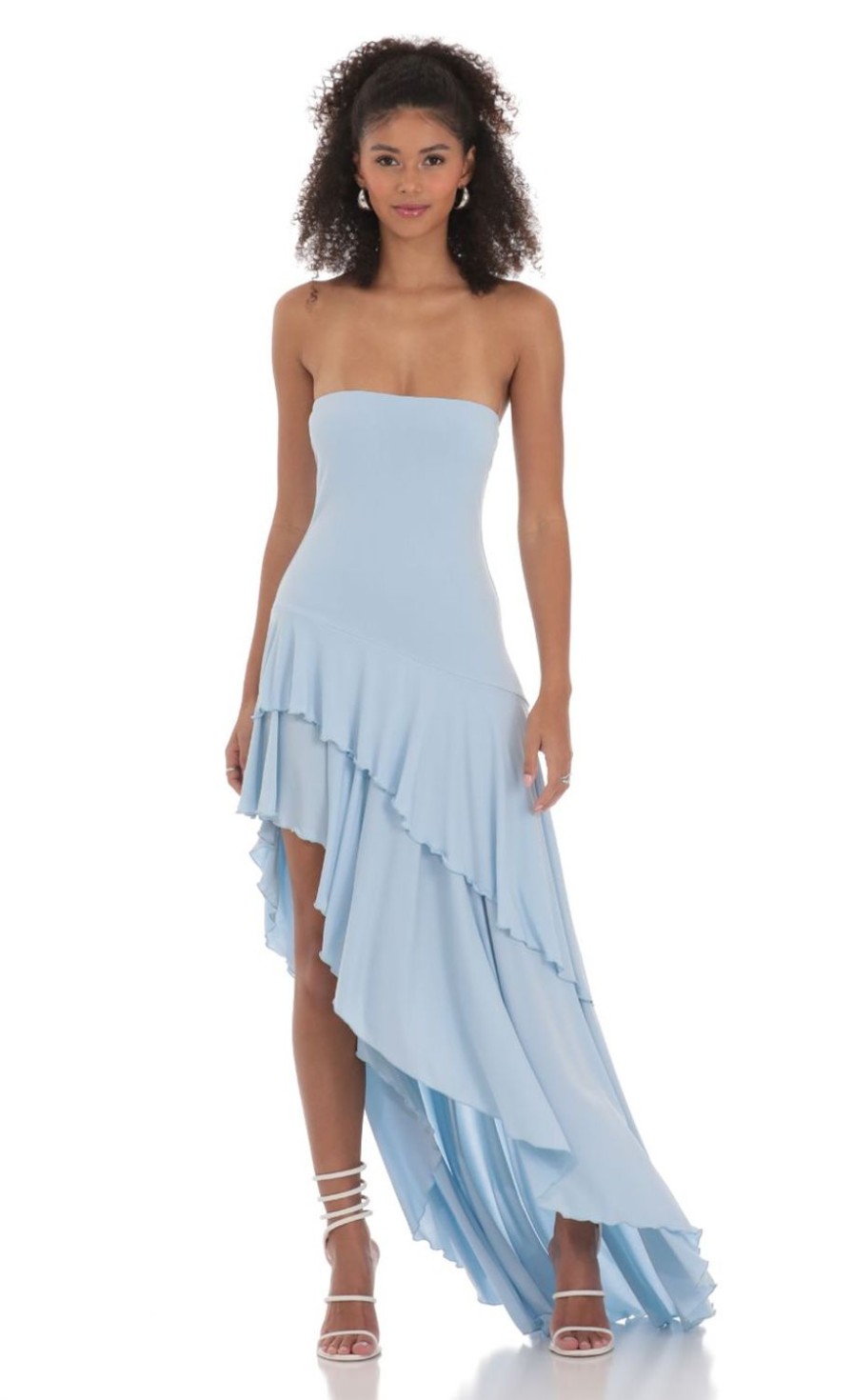 Clothing LUCY IN THE SKY | Strapless Ruffle Asymmetrical Maxi Dress In Blue | Lucy In The Sky