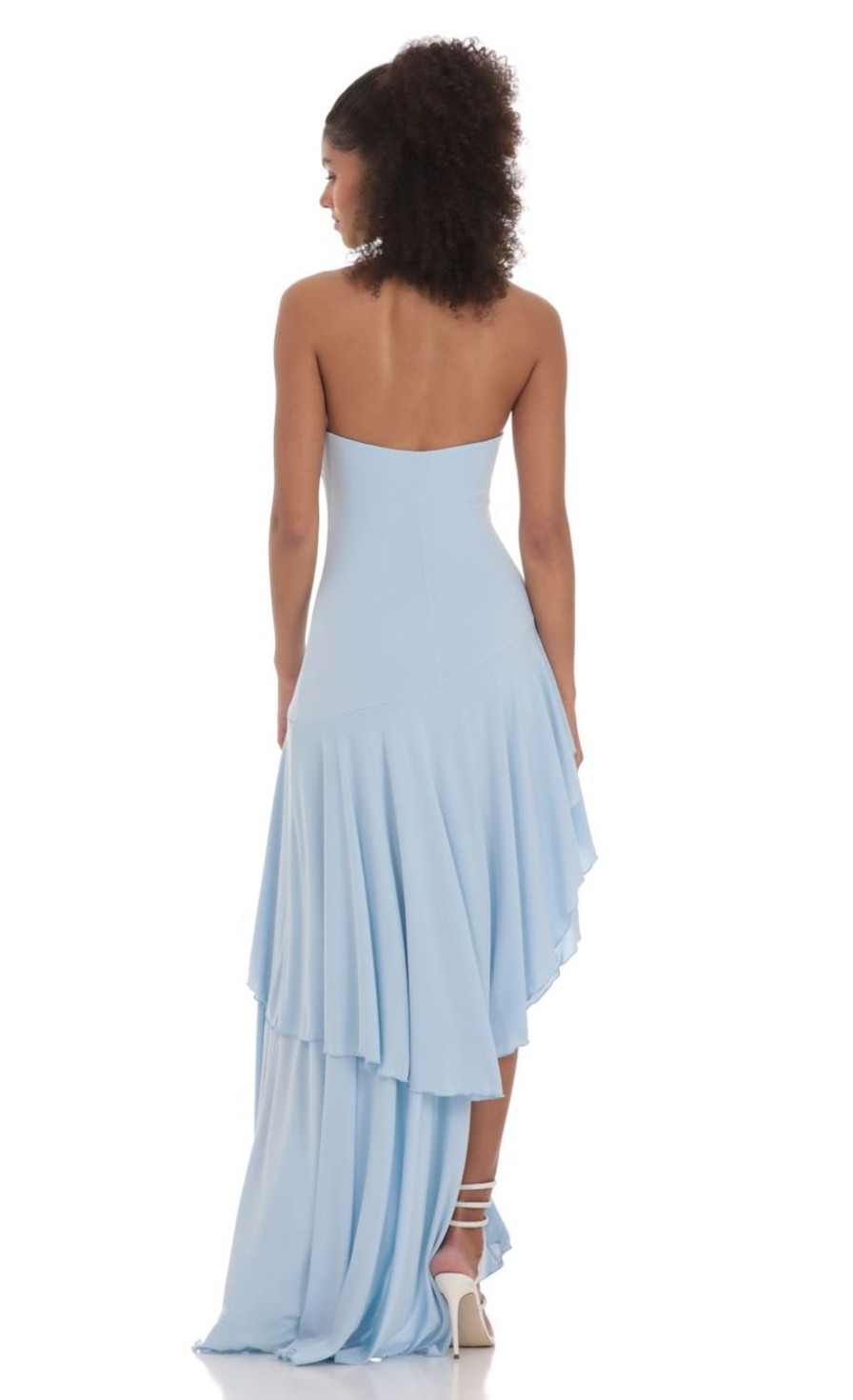 Clothing LUCY IN THE SKY | Strapless Ruffle Asymmetrical Maxi Dress In Blue | Lucy In The Sky