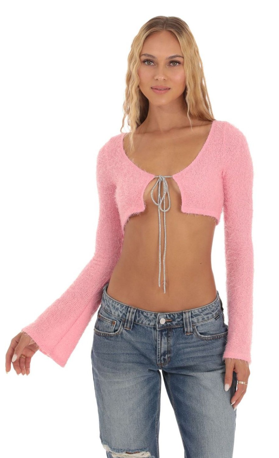 Clothing LUCY IN THE SKY | Vana Fuzzy Rhinestone Cardigan In Pink | Lucy In The Sky