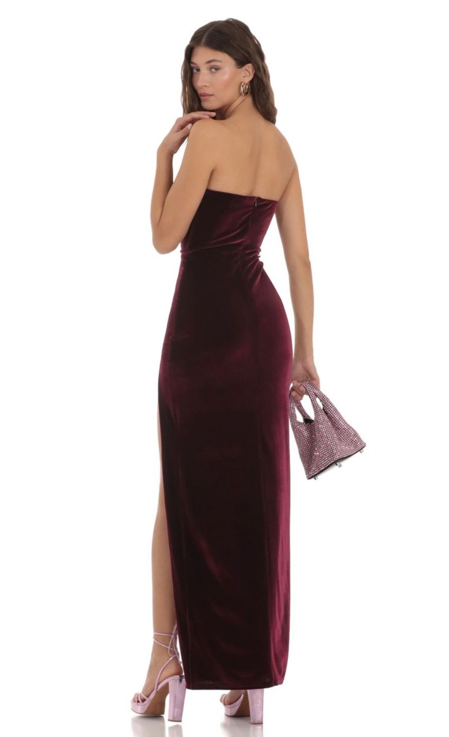 Clothing LUCY IN THE SKY | Velvet Strapless Dress In Burgundy | Lucy In The Sky