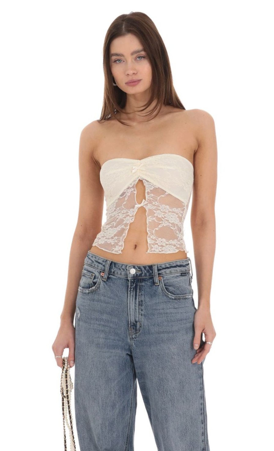 Clothing LUCY IN THE SKY | Strapless Lace Top In Cream | Lucy In The Sky