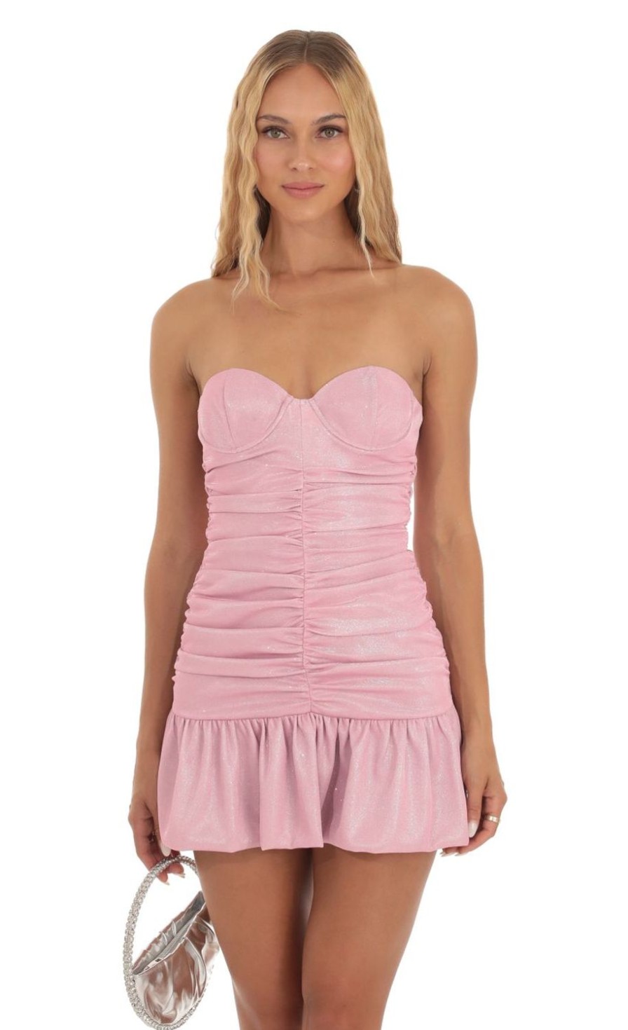 Clothing LUCY IN THE SKY | Tenny Shimmer Strapless Ruched Dress In Pink | Lucy In The Sky