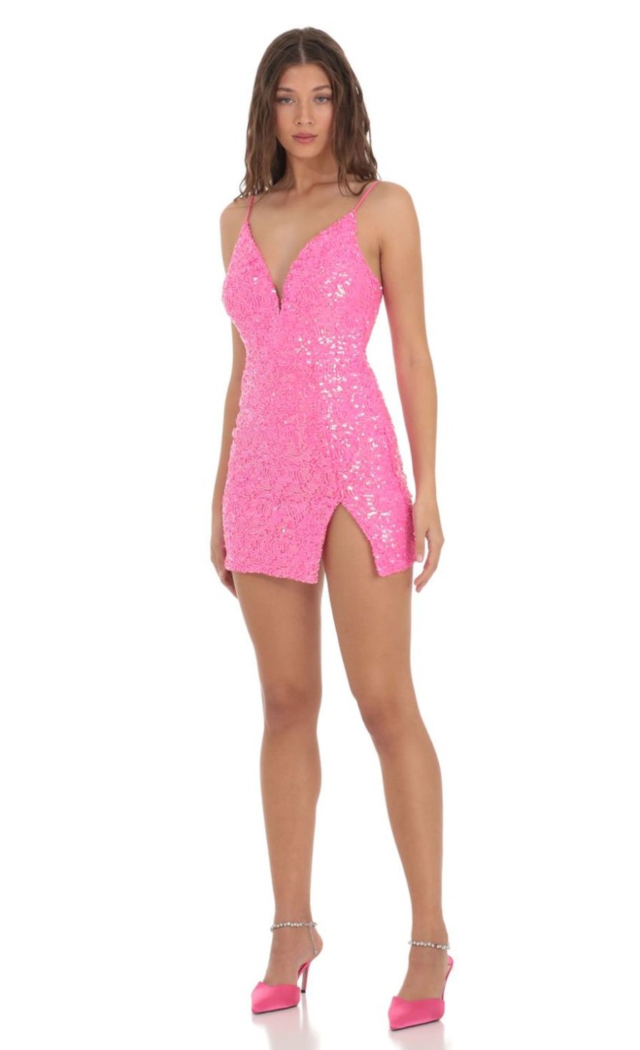 Clothing LUCY IN THE SKY | Charlene Sequin Bodycon Dress In Hot Pink | Lucy In The Sky