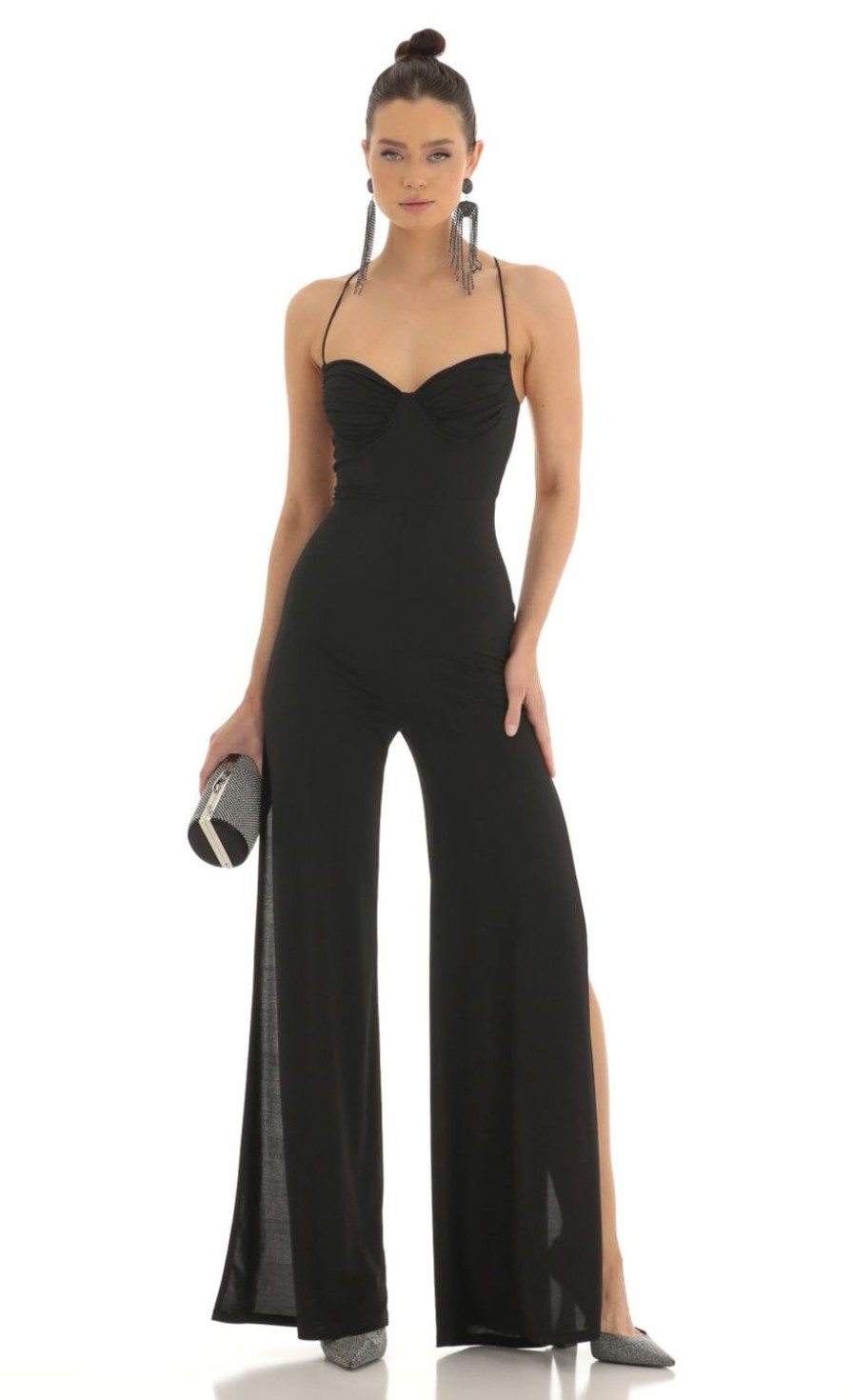 Clothing LUCY IN THE SKY | Haltia Ruched Sweetheart Jumpsuit In Black | Lucy In The Sky