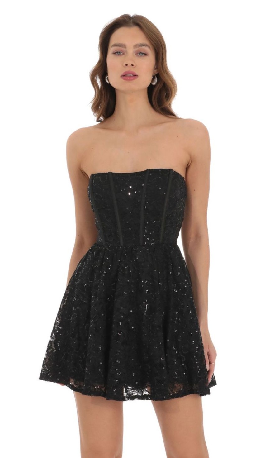 Clothing LUCY IN THE SKY | Sequin Lace Corset A-Line Dress In Black | Lucy In The Sky