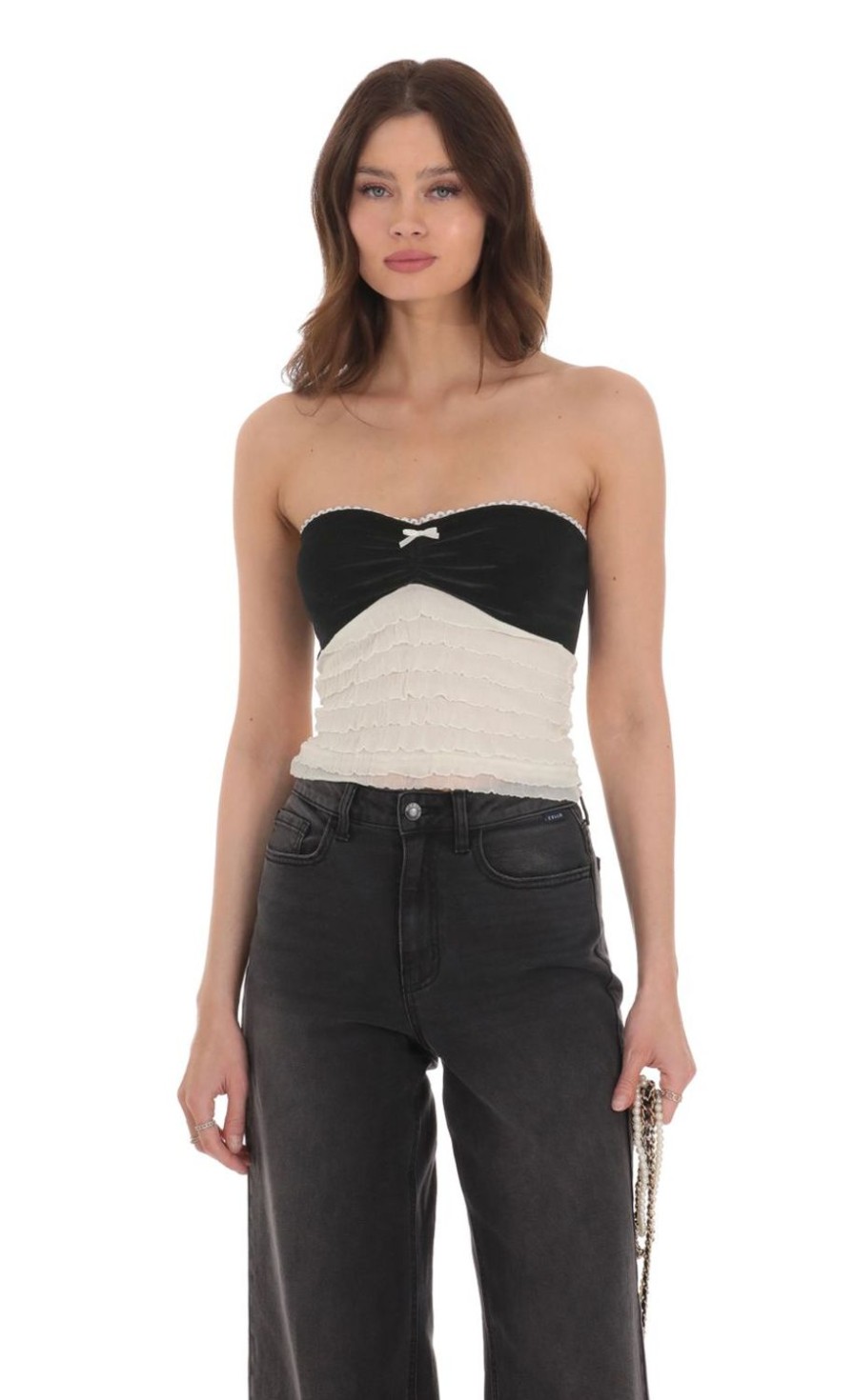 Clothing LUCY IN THE SKY | Strapless Velvet Ruffle Top In Black And White | Lucy In The Sky