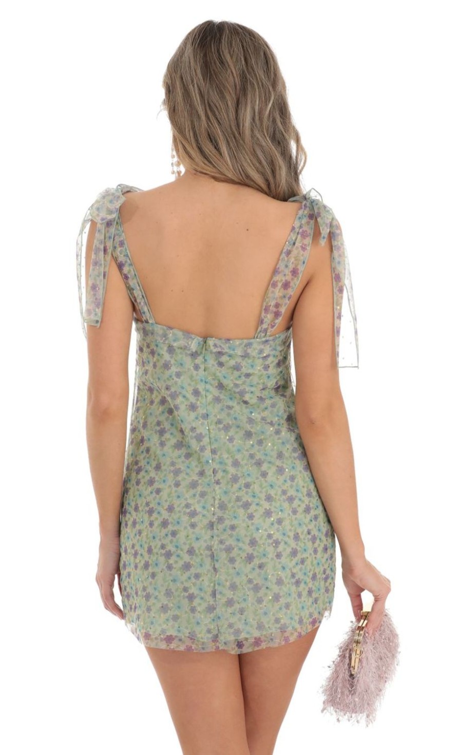 Clothing LUCY IN THE SKY | Mariama Sequin Floral Dress In Green | Lucy In The Sky