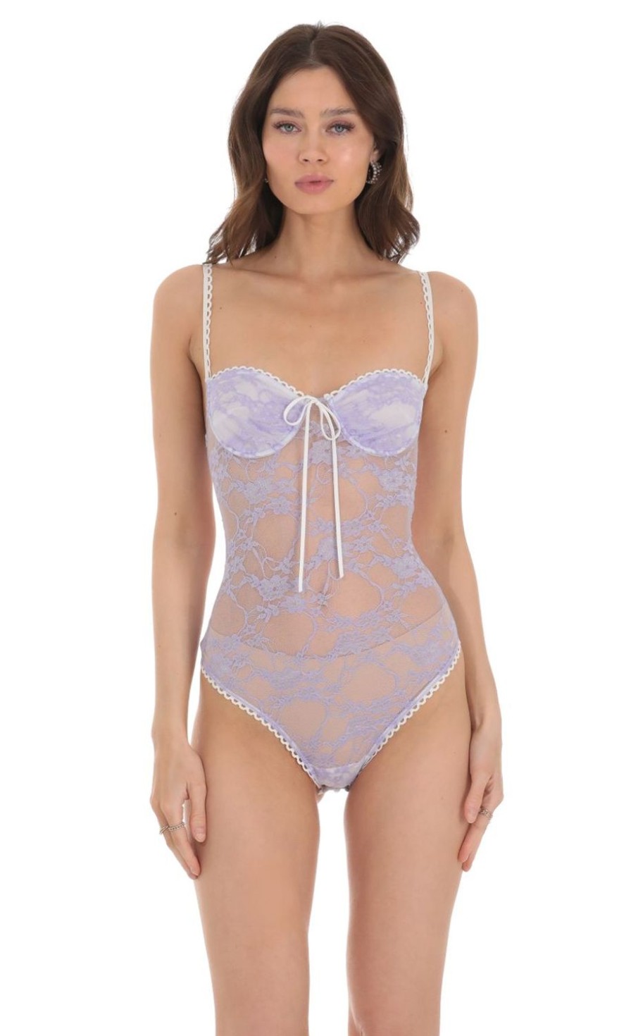 Clothing LUCY IN THE SKY | Sheer Lace Bodysuit In Lavender | Lucy In The Sky