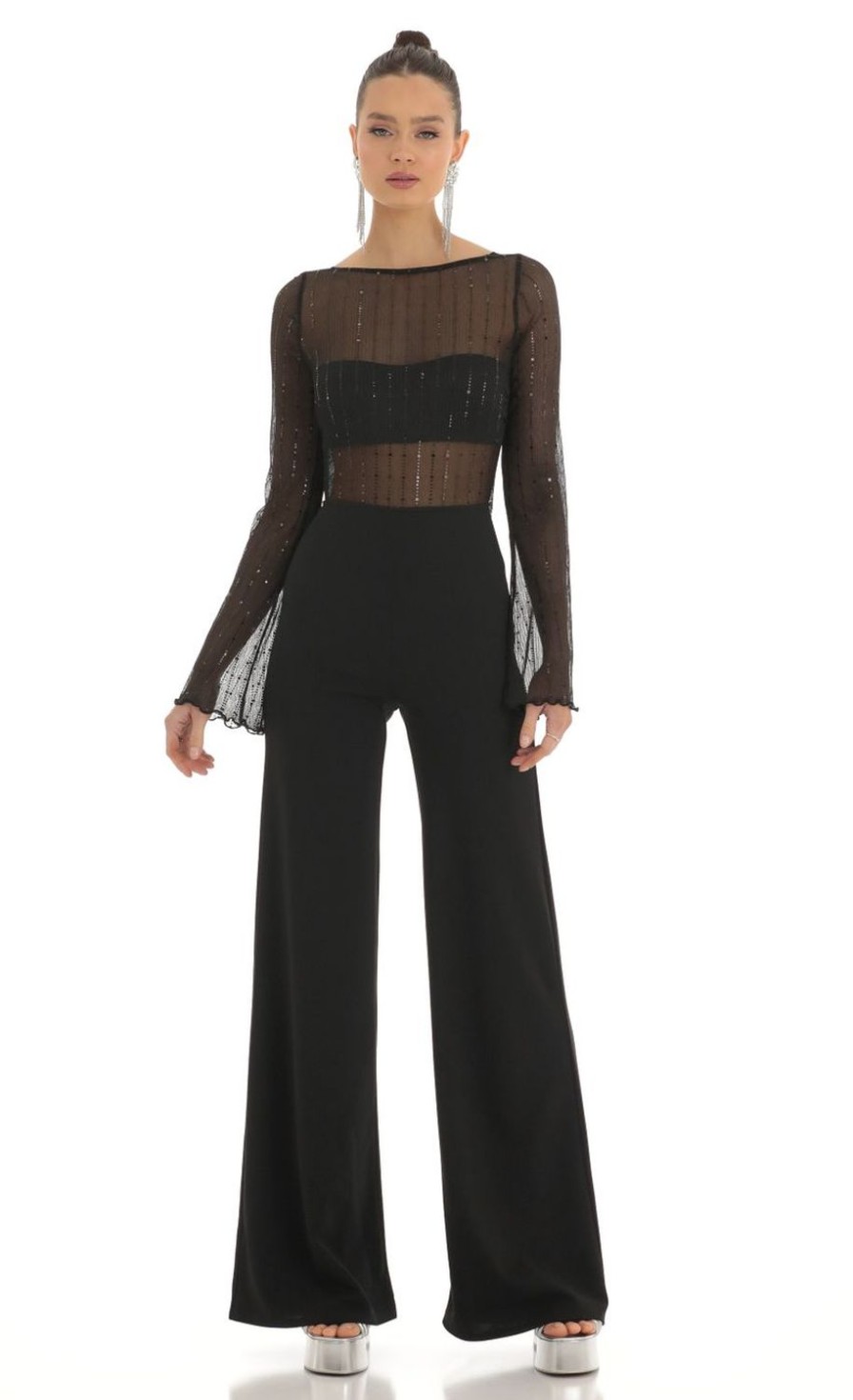 Clothing LUCY IN THE SKY | Olean Sequin Striped Long Sleeve Jumpsuit In Black | Lucy In The Sky