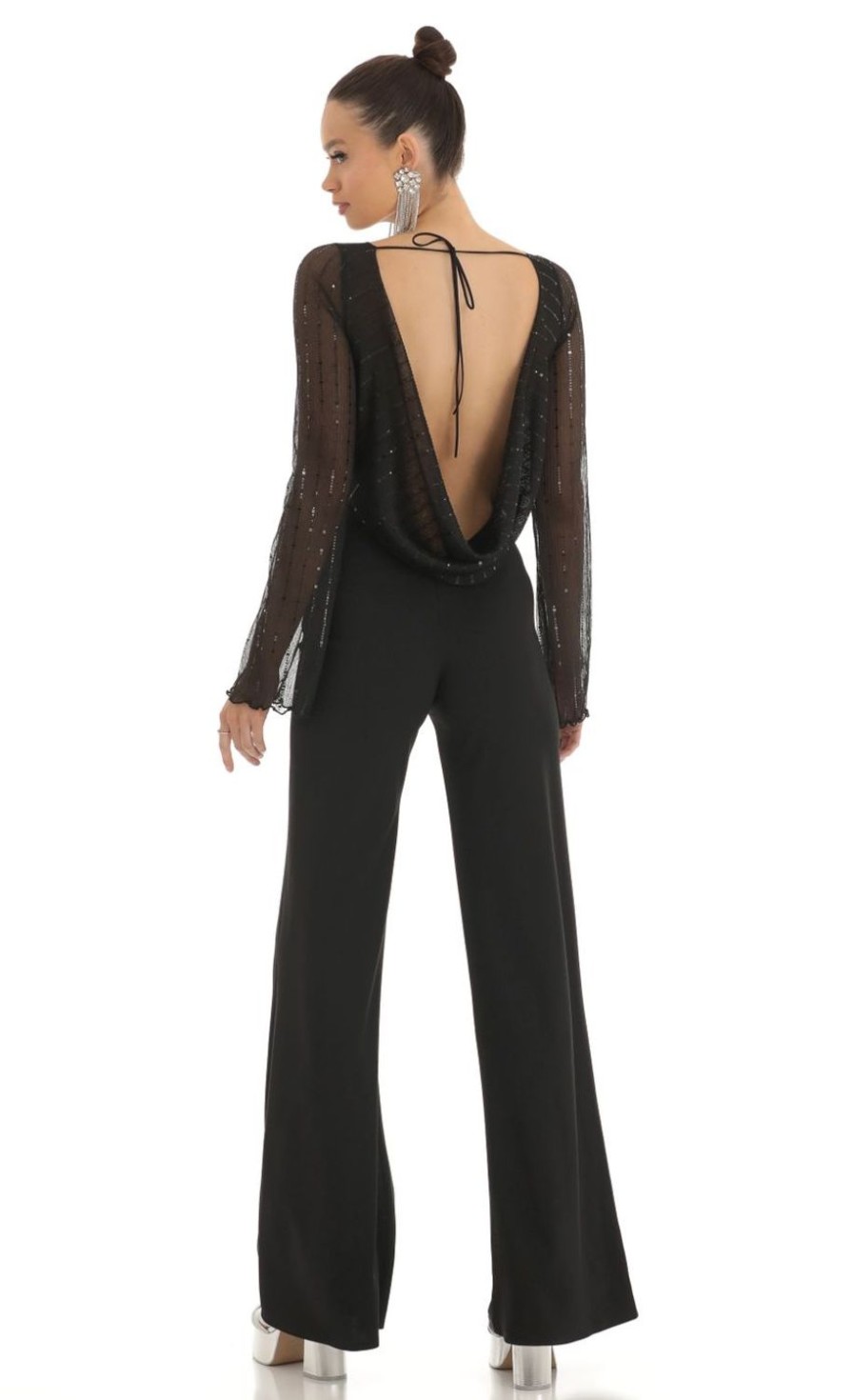 Clothing LUCY IN THE SKY | Olean Sequin Striped Long Sleeve Jumpsuit In Black | Lucy In The Sky