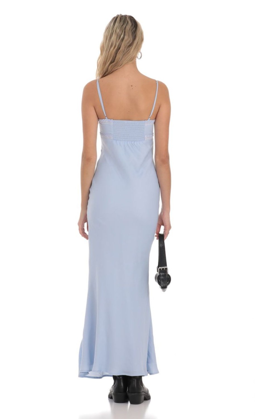 Clothing LUCY IN THE SKY | Front Tie Lace Trim Maxi Dress In Light Blue | Lucy In The Sky