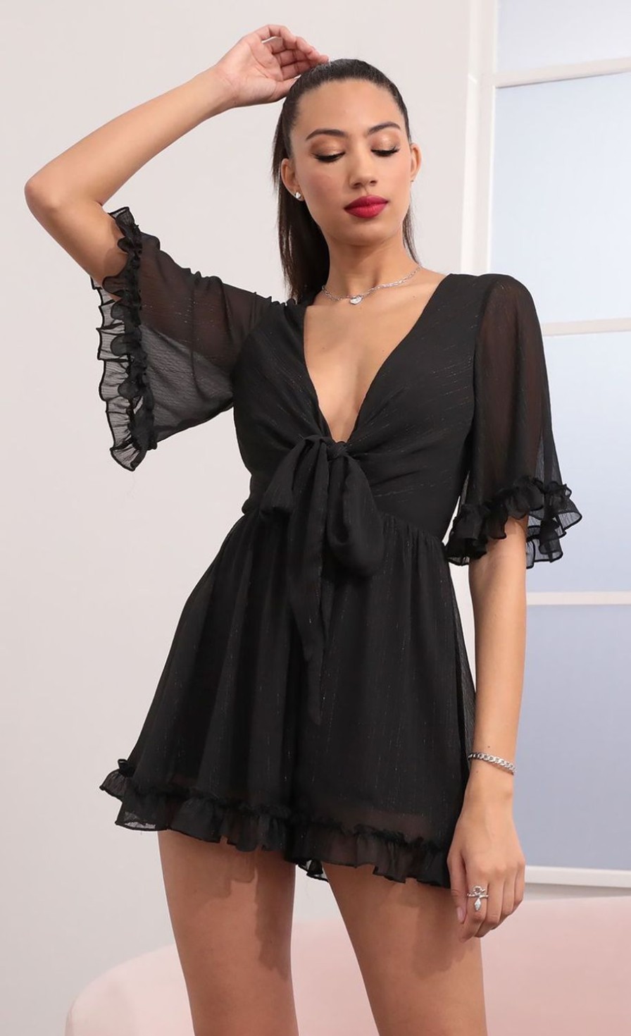 Clothing LUCY IN THE SKY | Baylee Ruffle Romper In Black | Lucy In The Sky