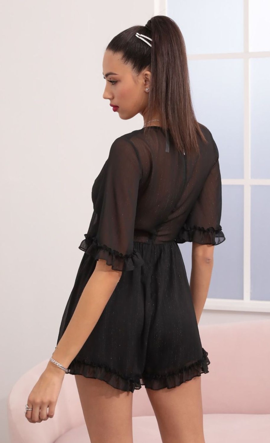 Clothing LUCY IN THE SKY | Baylee Ruffle Romper In Black | Lucy In The Sky