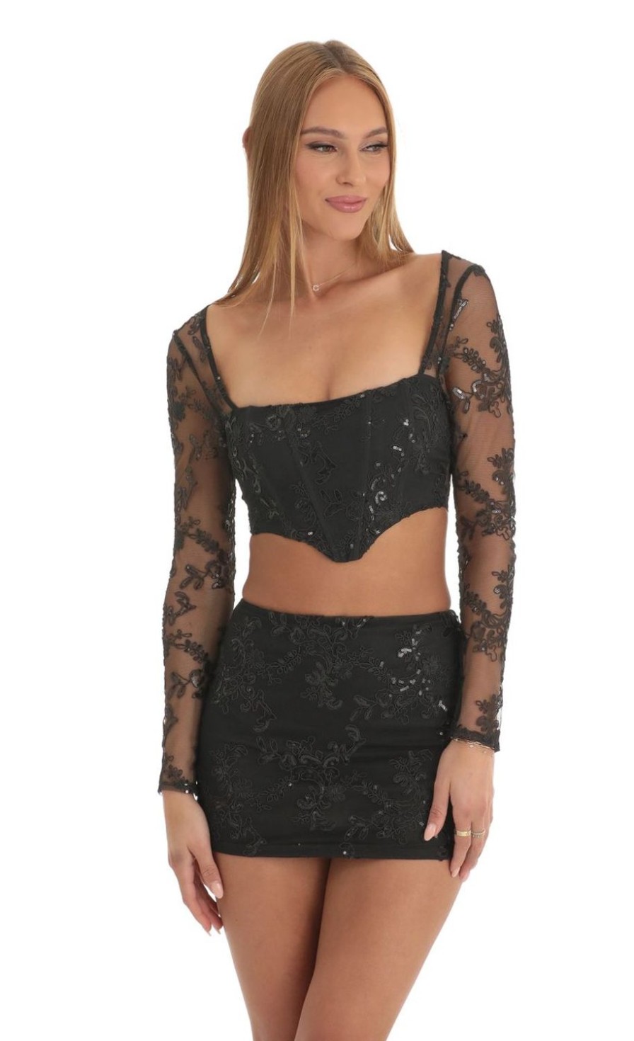 Clothing LUCY IN THE SKY | Bae Sequin Two Piece Skirt Set In Black | Lucy In The Sky