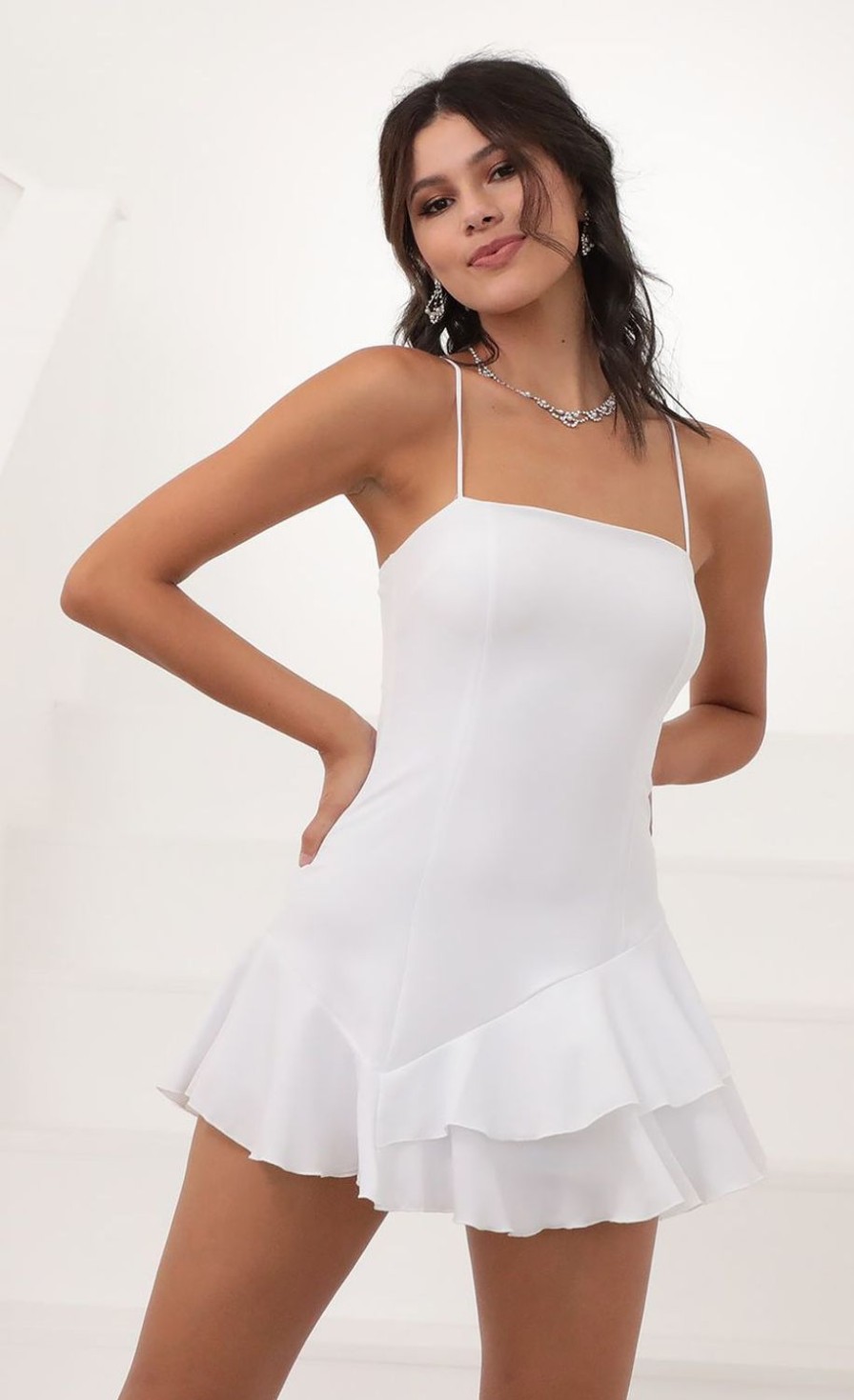 Clothing LUCY IN THE SKY | Azura Asymmetrical Frill Dress In White | Lucy In The Sky