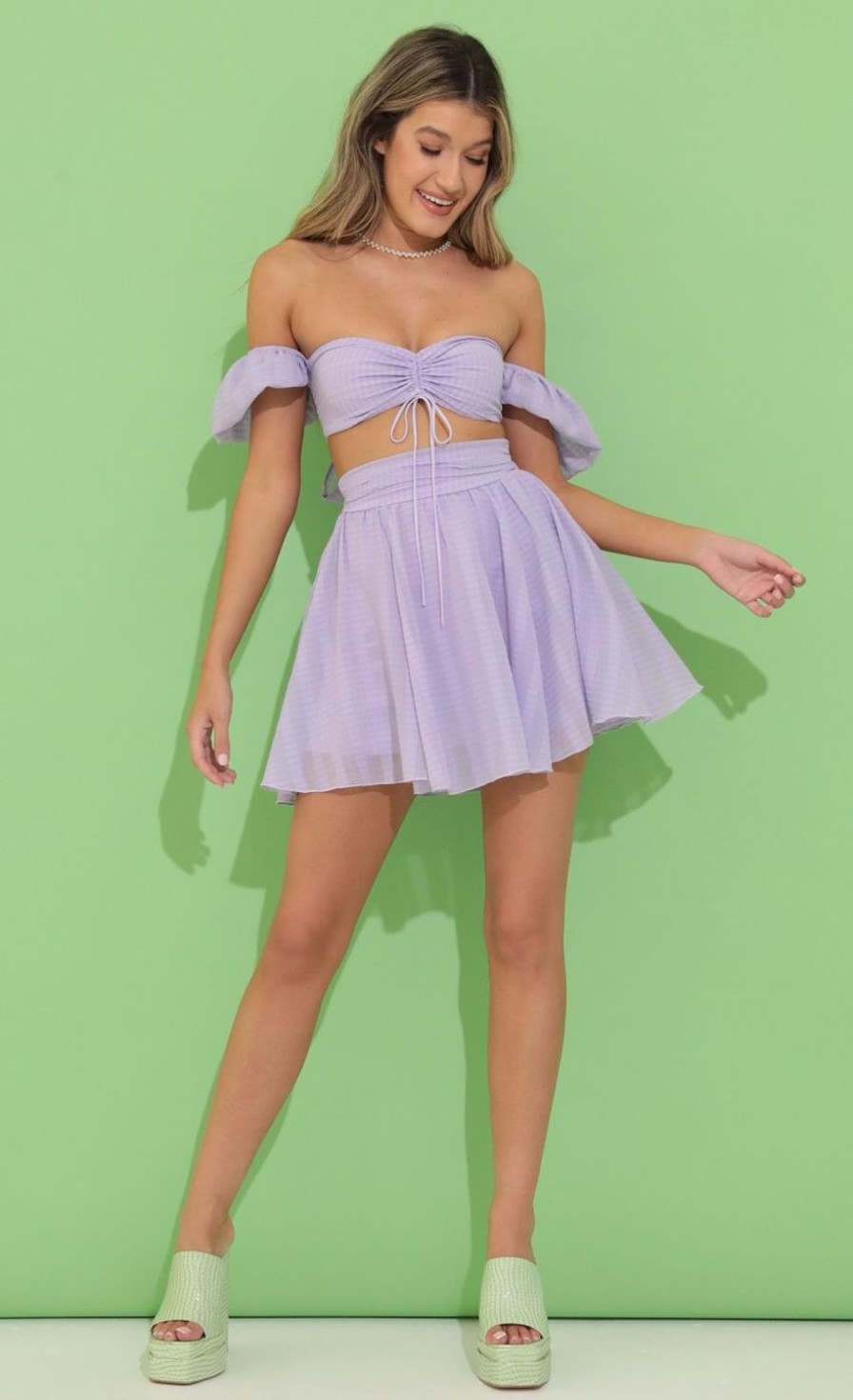 Clothing LUCY IN THE SKY | Solay Plaid Chiffon Baby Doll Two Piece Skirt Set In Purple | Lucy In The Sky