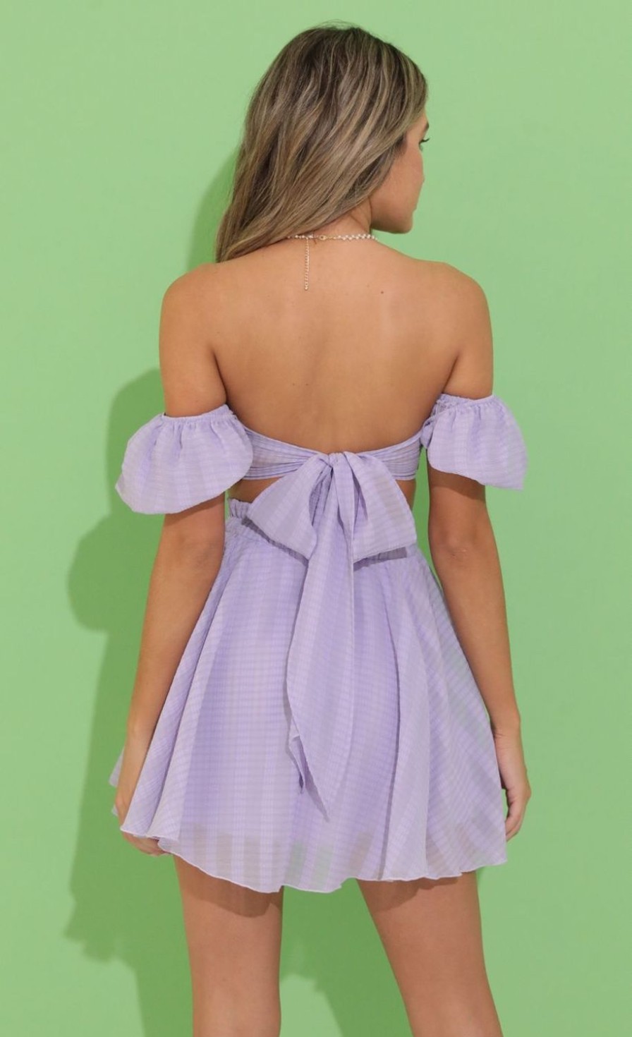 Clothing LUCY IN THE SKY | Solay Plaid Chiffon Baby Doll Two Piece Skirt Set In Purple | Lucy In The Sky