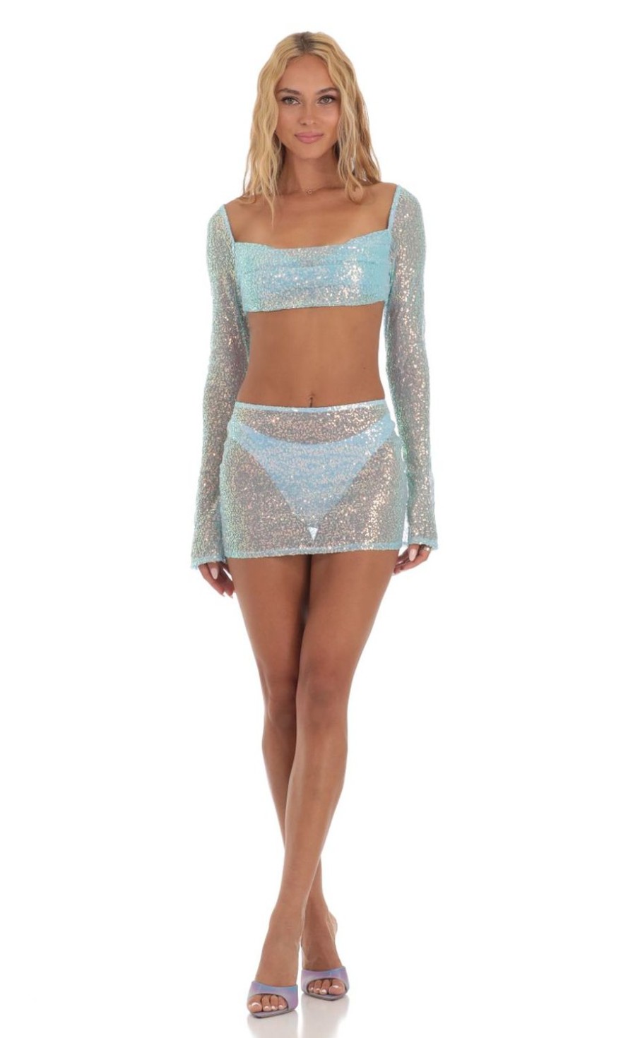 Clothing LUCY IN THE SKY | Melinda Sequin Three Piece Skirt Set In Blue | Lucy In The Sky