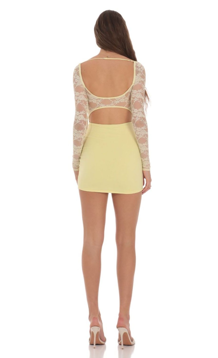 Clothing LUCY IN THE SKY | Lace Long Sleeve Twist Bodycon Dress In Yellow | Lucy In The Sky