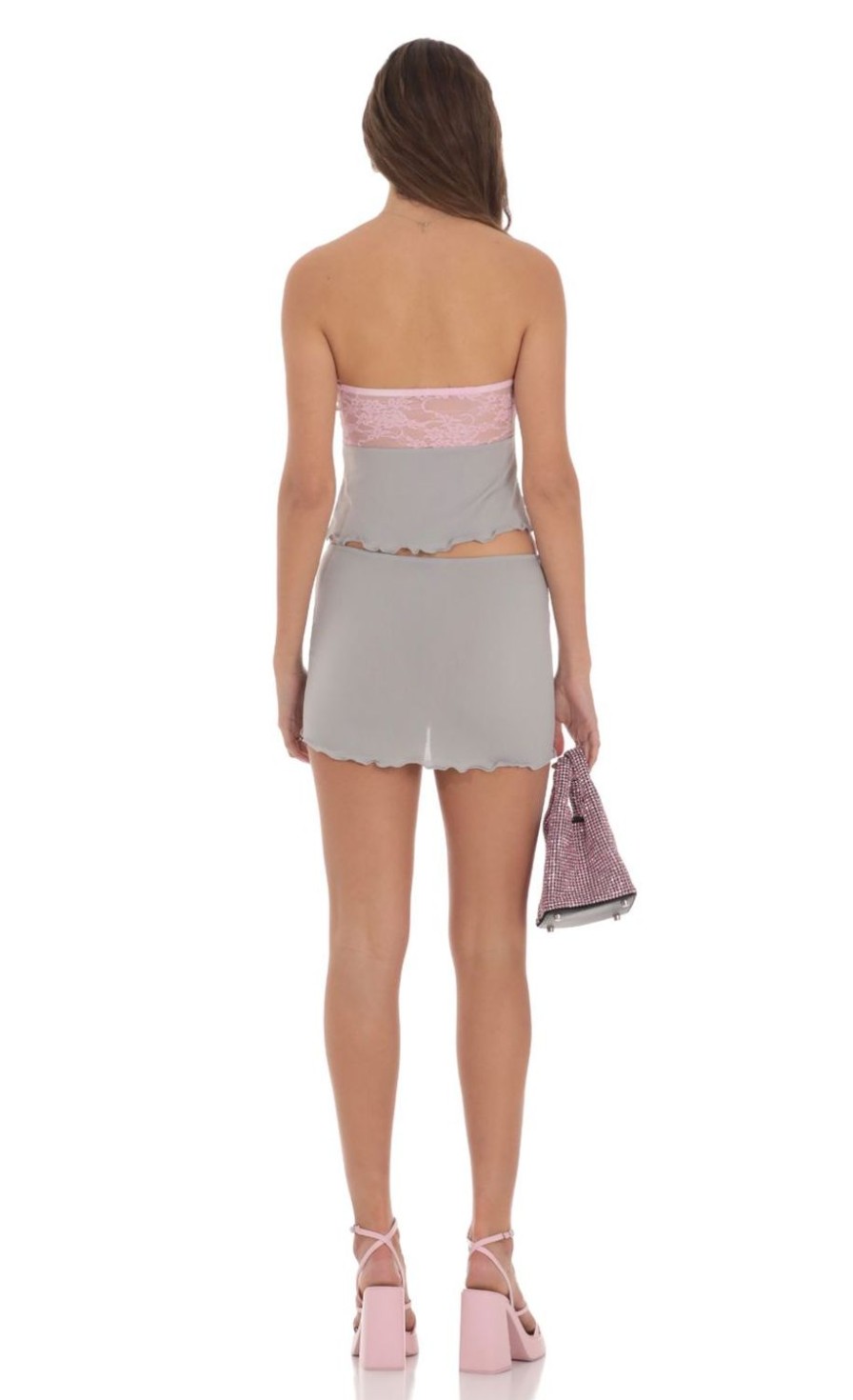 Clothing LUCY IN THE SKY | Two Piece Pink Lace Strapless Set In Grey | Lucy In The Sky