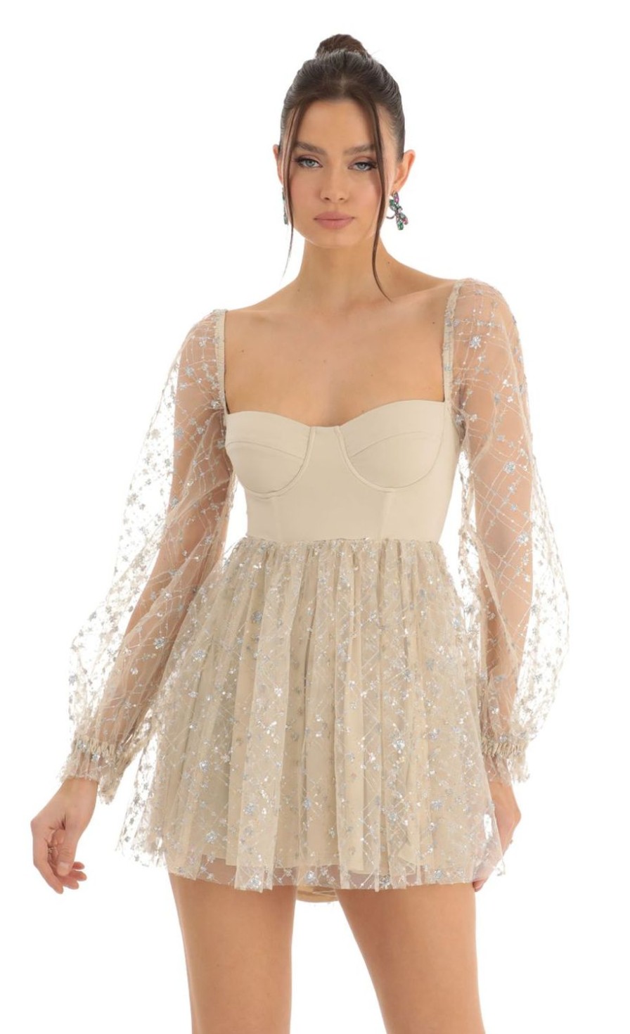 Clothing LUCY IN THE SKY | Murphy Corset Long Sleeve Sequin Dress In Champagne | Lucy In The Sky