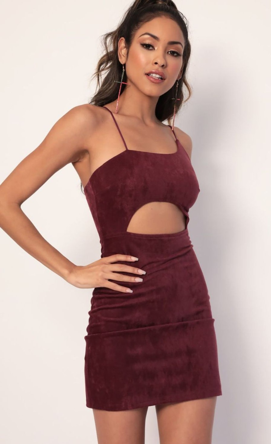 Clothing LUCY IN THE SKY | Illusion Suede Cutout Dress In Burgundy | Lucy In The Sky