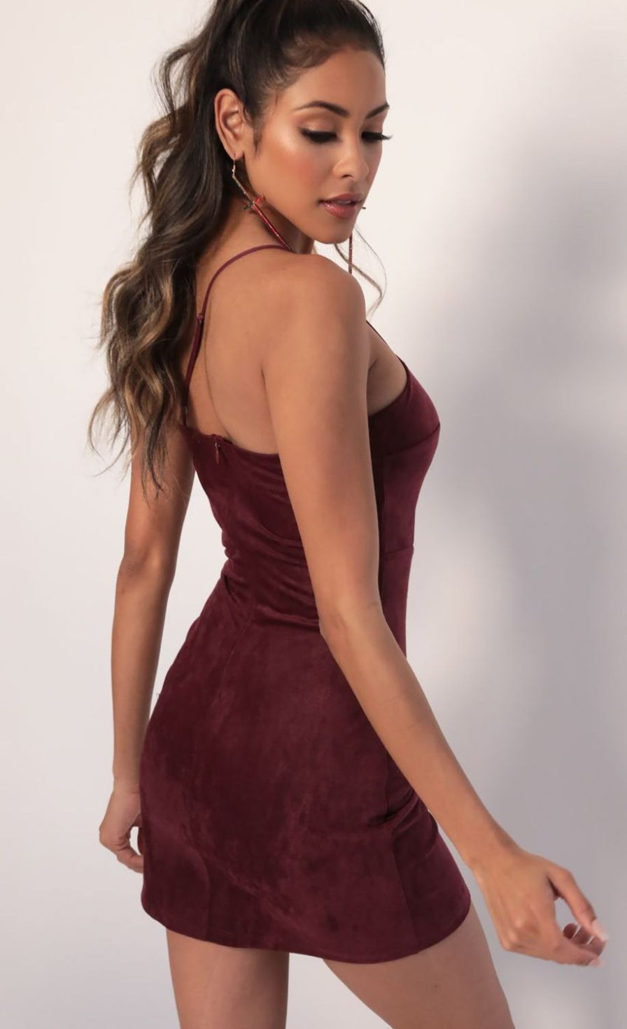 Clothing LUCY IN THE SKY | Illusion Suede Cutout Dress In Burgundy | Lucy In The Sky