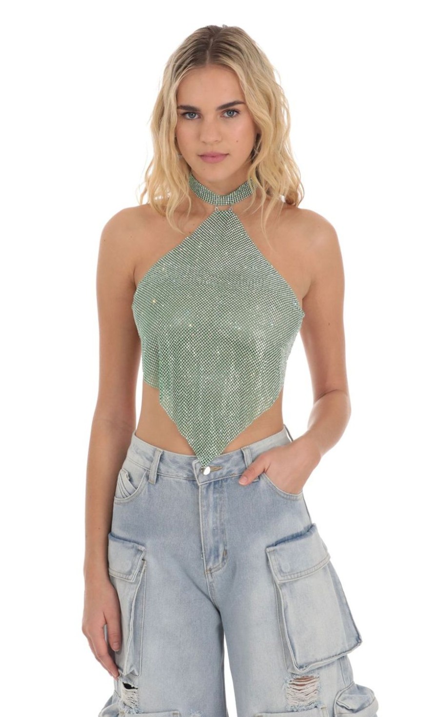 Clothing LUCY IN THE SKY | Rhinestone Chainlink Top In Green | Lucy In The Sky